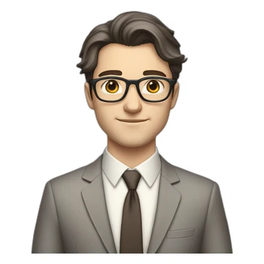 Full height Pale skinned Fit Man With dark brown hair in classic gray suit, beige office shirt, dark gray tie, and vintage glasses. Thrumbs of his palms directed up sticker