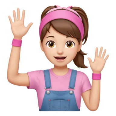 preschool teacher with brown hair pulled up in high ponytail and light pink headband. Has a pink t-shirt with denim overalls. Expression is happy and friendly with mouth wide open. Has one hand up waving hello. sticker