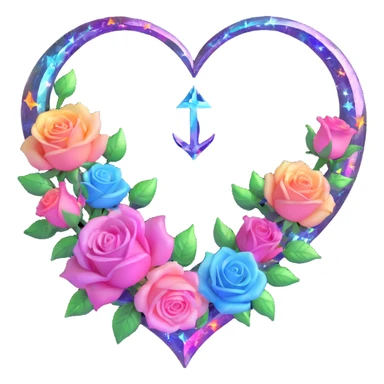gothic heart made of prismatic glass, silver crescent moon, glowing pastel roses, holographic stardust, neon rainbow lightning, drenched and splintered glass sticker