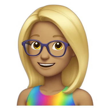blonde hair woman, glasses, rainbow clothes, smile sticker