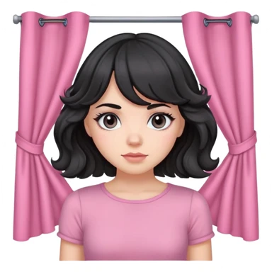 white girl with black wavy hair with curtain bangs, gray eyes, pink top sticker