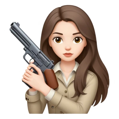 beautiful pale brunette girl with long hair with a short gun sticker