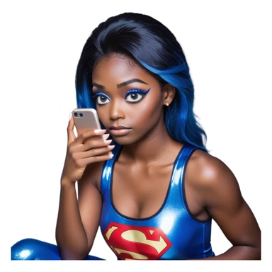 Disapponted-big tears-head back texting on phone-very very large upper body-sexy face-bending forward at waist-very long very straight dark blue to light blue ombre hair-and-blue eyes-thick black eyeliner-long eyelashes-iridescent blue lowcut tanktop with black leggings with glitter superman logo sticker