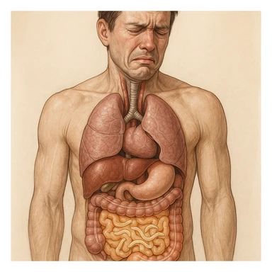 realistic illustration of an anatomical man with highlighted intestine and light beige worms inside, suffering expression sticker