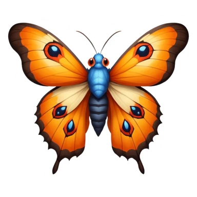 moth with blue eyes mornach butterfly wings orange and yellow with red godzilla eyes on the wings, brown tail, black Moth Insect Arms and legs almost like mothra sticker