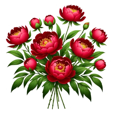 big bouquet Red Peony, luxuriant, stem, leaf sticker
