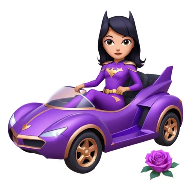 Hot full size real-appearance racing action BatGirl’s feminine midnight-purple tight outfit sixty’s tv show 1992 stealth retro cat burglar sporty petite off-road pursuit hovering hover cruiser car rose gold accents (black hair,reclined and relaxed seating position and attitude) desert sticker