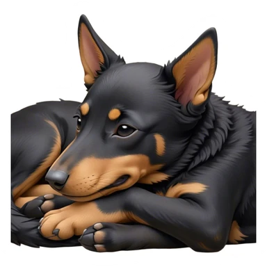 Meme-Worthy Cute Sleeping Black and Tan Kelpie Portrait Emoji, Head resting peacefully with a contented smile, showcasing a delightfully agile build and a luxuriously soft black and tan Fur, eyes shut in a serene nap, Simplified yet hilariously adorable features, highly detailed, glowing with a soft, drowsy light, high shine, relaxed and utterly lovable, stylized with an air of playful laziness, bright and heartwarming, soft glowing outline, capturing the essence of a comically sleepy herder, so meme-worthy it feels like it could instantly become the next viral sensation of adorable slumber! sticker