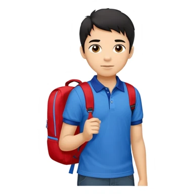 A young boy with casual and comfortable clothing, and one of his most well-known images shows him wearing a red polo shirt with blue and white details on the collar, along with a light-colored backpack on his shoulders. His hair is black. sticker