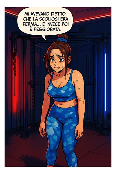 fai questa immagine in versione fumetto/manga/webtoon a colori, il manga mostra la donna disperata con un fumetto sulla testa che dice:
Mi avevano detto che la scoliosi era ferma… e invece poi è peggiorata.
 sticker