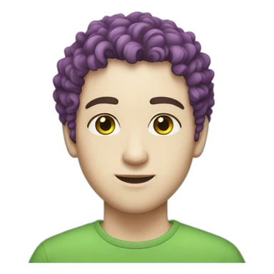 Male with white skin, green eyes, short violet curly hair, nose piercing sticker