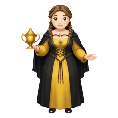 Helga Hufflepuff,brown-haired,2 braids,yellow-black medieval open dress,deep neckline,fat macromastia,black cloak decorated with gold braiding,gold cup with two handles,very kind smile,curvy busty sweet woman,round rosy cheeks,full length with medieval shoes sticker