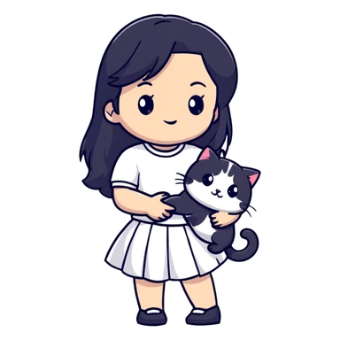 A beautiful girl with long black hair wearing a white skirt holds a cute white cat in her arms sticker