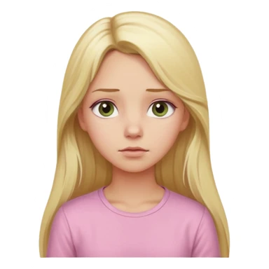 blonde with long hair and swamp-colored eyes, wearing a pastel pink shirt, thoughtful expression, looking up, iOS Apple emoji style sticker