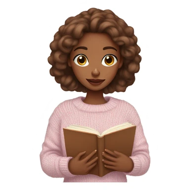 Pretty blue eyed brown girl with light pink sweater reading cozy sticker