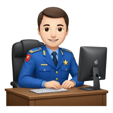 Мужчина в российской прокурорской форме, сидит за компьютером с улыбкой (синяя форма) sticker