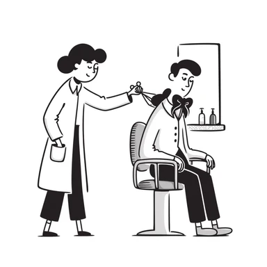 a soldier man getting a haircut, hand drawn doodle style sticker