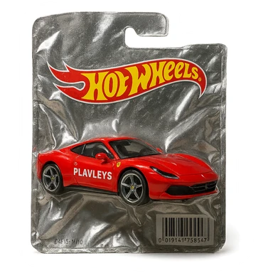 red Ferrari with 'PLAVLEYS' text on the side, packaged in a Hot Wheels blister pack, shiny and inflated, no background sticker