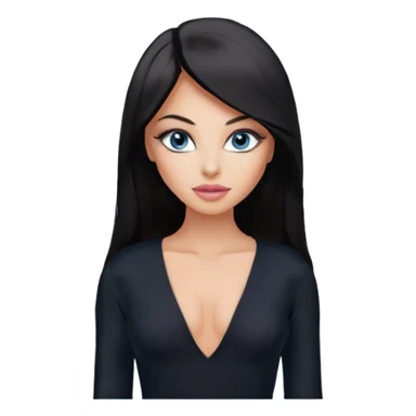 Glamours, tanned, beautiful, girl, with blue eyes, big pump peach-beige-rose lips, eyeliner, long lashes, black straight smooth silky long hair, parting hair in the middle,  in black v-neck bodysuit long sleeves sticker