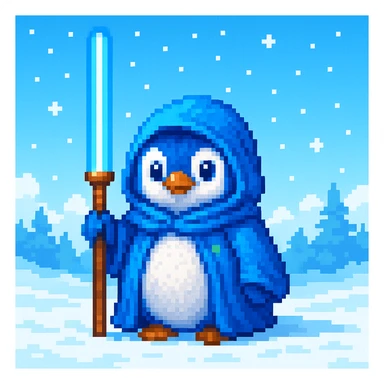 Change the scene to daytime with a bright sky, keeping the pixel art style and snowy background. The style should resemble pixel art with clear, crisp pixel details and vibrant colors typical of pixel art illustrations. sticker