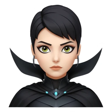 dark sci-fi villain female portrait, head and shoulders only, black armor, cape collar, intense eyes, sharp confident expression, subtle futuristic makeup, dramatic lighting, 3D cartoon, mobile game icon style, clean background, no text, no watermark
 sticker