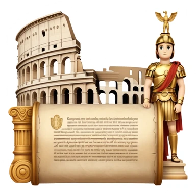 An icon featuring an ancient scroll, surrounded by famous historical landmarks and statues of notable figures, like the Colosseum or Napoleon. The design symbolizes the exploration of history through monuments and people. Transparent background highlights the pas sticker
