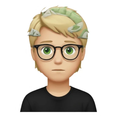 Generate me a profile picture like with a teenage boy who has dirty blond hair, green eyes, glasses and a black t-shirt sticker