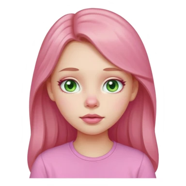 Pale girl, pink nose, cheeks, nose, chin, long light brown hair, Pink full lips, doe eyes, light green eyes wearing cute pink shirt sticker