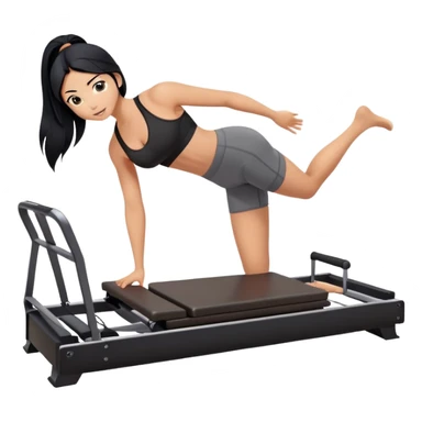 woman with tanned skin, long black hair, wearing a sports bra, doing Pilates on a reformer machine sticker