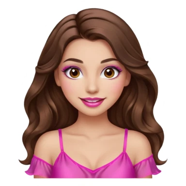girl with long wavy brown hair, brown eyes, long lashes makeup, sexy pink lips, light to medium complexion, wearing a pink sexy silk top, smiling sticker