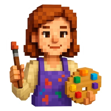 Serene female oil painter, Caucasian features, shoulder-length auburn hair, soft brown eyes, gentle smile, wearing a violet painter’s apron lightly stained with paint over a beige blouse, holding a wooden palette with vibrant colors in one hand and a brush in the other, waist-up, front-facing sticker