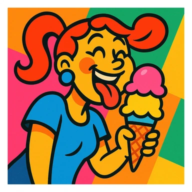 a woman licking an ice cream cone, vibrant and expressive, colorful vibrant toon style illustration sticker