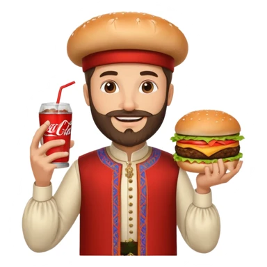 caucasian man with beard and armenian traditional costume, burger in one hand, coke in other sticker