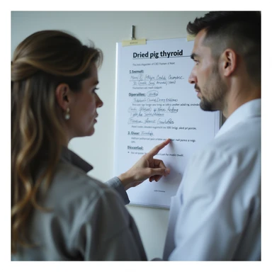 woman discussing with the doctor, pointing to 'Dried pig thyroid' on a list of medications, clinical environment, serious expressions, hyperrealistic 4K sticker