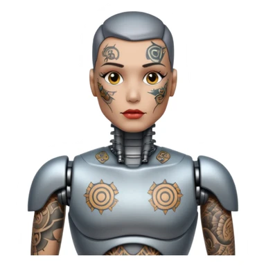 Tatooed robot, big many tatooes on chest, neck and face sticker