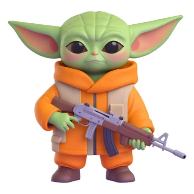 Baby Yoda holding an AK-47, 3D style, vibrant colors sticker