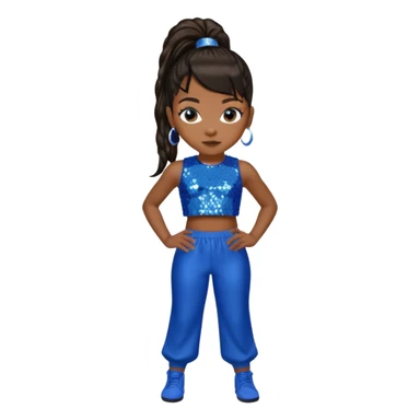 Left Eye from TLC with long dark brown ponytail hair, blue sequin crop top and pants sticker