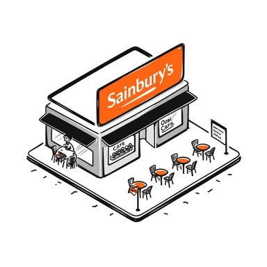 Isometric Sainsbury's supermarket with orange branding, Nectar card logo visible, shopping trolley collection points, and cafe area with outdoor seating sticker