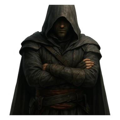 stealthy character, hood up, arms crossed in front, Assassin's Creed style sticker