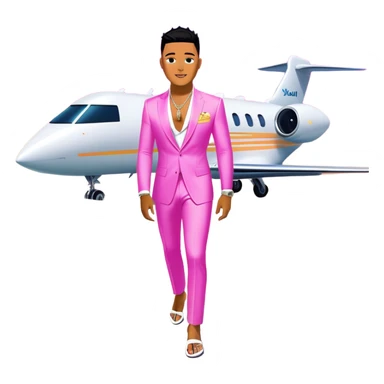 Josh King Madrid, digital entrepreneur and AI mogul, stepping off a glowing neon private jet onto a runway lined with stacks of cash, he is surrounded by multiple robo-chicks showing off summer swimwear fashion. These robots look like the AI versions of the 5 Kardashians sisters. It’s super emojified type art  sticker