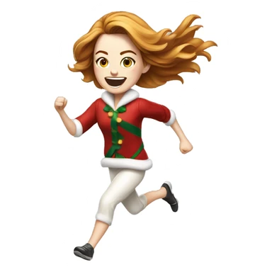Emma Stone running, with a large stride and arms outstretched, long golden brown hair, wearing an Christmas outfit sticker