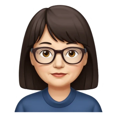 60 yr old woman, long hair, very small brown eyes, long hair, straight dark brown hair, bangs, chubby, long face sticker