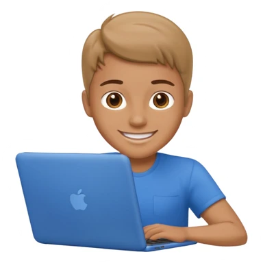 a person smiling while work on a blue laptop sticker