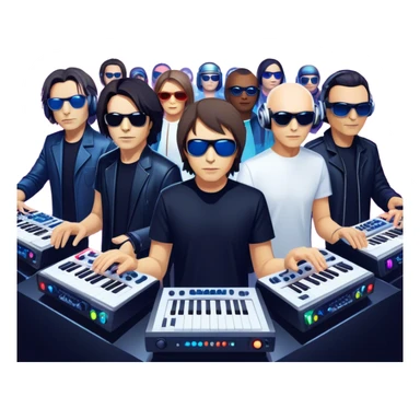 Icon for Electronic Music: Jean-Michel Jarre, Moby, DJ Tiesto, and Jorn van Deynhoven performing with synthesizers, turntables, and futuristic lighting effects. The design should evoke the vibrant and immersive atmosphere of electronic music festivals. Transparent background. sticker