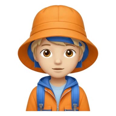 A little student with beige bucket hat, orange jacket, blue backpack sticker