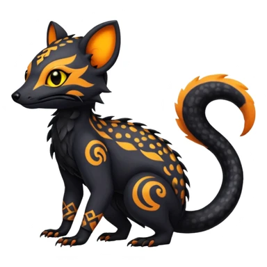 Rare warm-colored exotic gloomy tropical edgy cute epic aesthetic spooky  gothic colorful Salandit-Noibat-Civet-species-Fakemon-hybrid-creature, with tribal tattoo markings, full body sticker