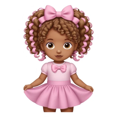 a brown skin baby with curly hair and a baby pink skirt and baby pink bows with her hair in pigtails sticker