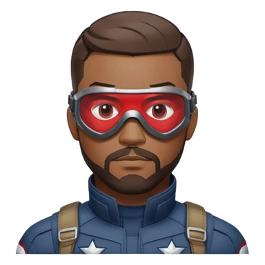 sam wilson with a very short hair close to the scalp and  a well-groomed beard that connects to his mustache,  wear sleek, red-tinted tactical goggles fit snugly from captain america: civil war sticker