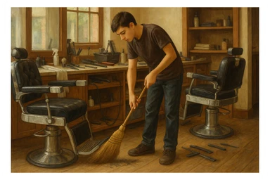 sartaroshxonani tozalayotgan o'smirin bola juda  yosh ham emas katta ham supir sudir qilaytgani narsalarni tozalayotgani  
 sticker