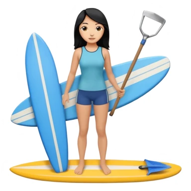 Surfer(woman) black hair holding her cell phone and long garden shovel with another hand. Under her feet, there is one blue surfing board. sticker